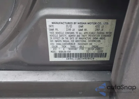 2005 Nissan Altima 2.5 S из США, поврежденный, VIN 1N4AL11D05N908628